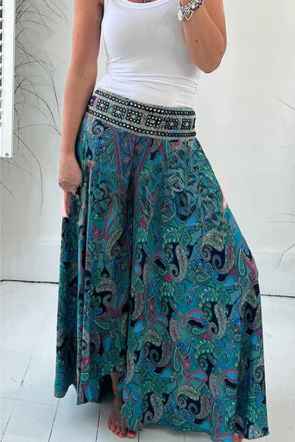 Pantalones ligeros con bolsillos y cintura elástica con estampado paisley étnico