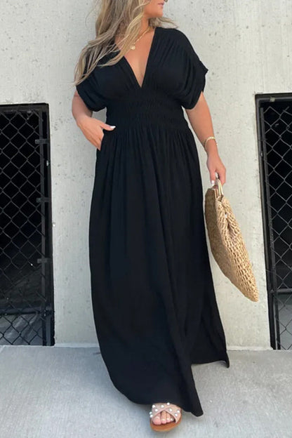 Vestido largo con abertura y detalle ahumado, bolsillos y mangas estilo kimono My Treasure 