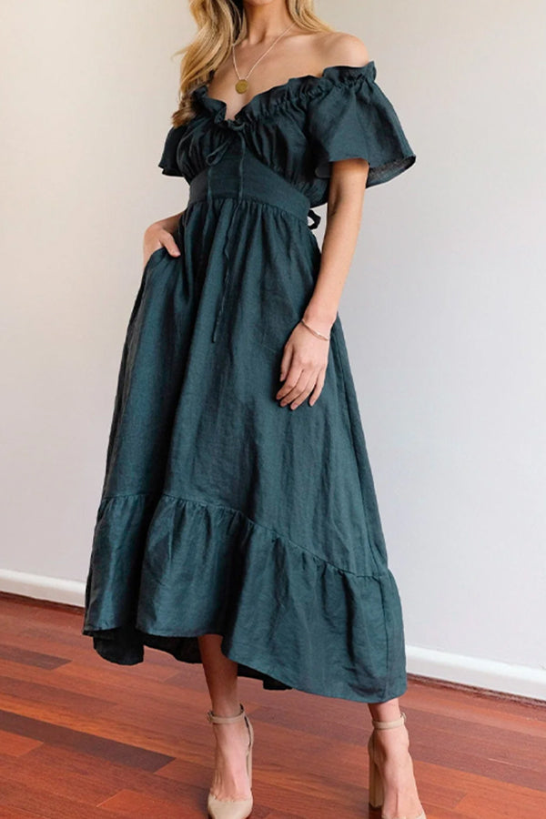 VESTIDO MIDI CON HOMBROS DESCUBIERTOS Y BORDES CON VOLANTES