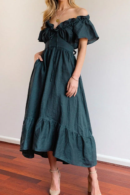 VESTIDO MIDI CON HOMBROS DESCUBIERTOS Y BORDES CON VOLANTES