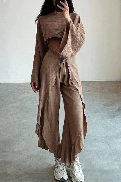 Conjunto de top corto de mezcla de lino y pantalón con volantes y cintura elástica, ideal para vacaciones