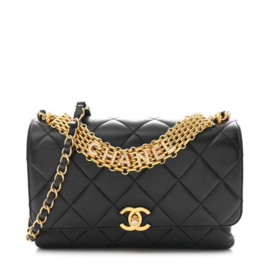 Lambskin Quilted CC Crystal Logo Chain Flap Black
