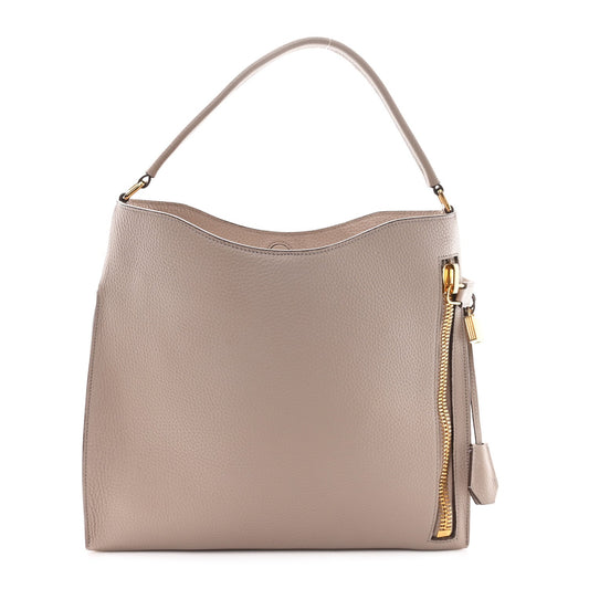 Pebbled Calfskin Small Alix Padlock Zip Hobo Bag Beige