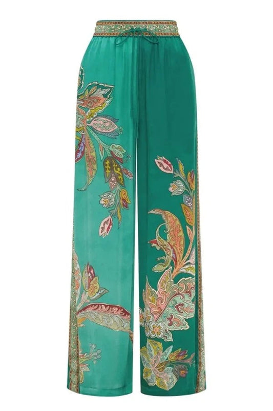Pantalones anchos con bolsillo y cintura elástica con estampado botánico de satén Somewhere Sunny