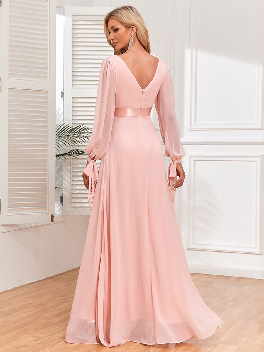 Cocktail Dress Lantern Sleeves V-Neck Backless Pleated Maxi Dresses