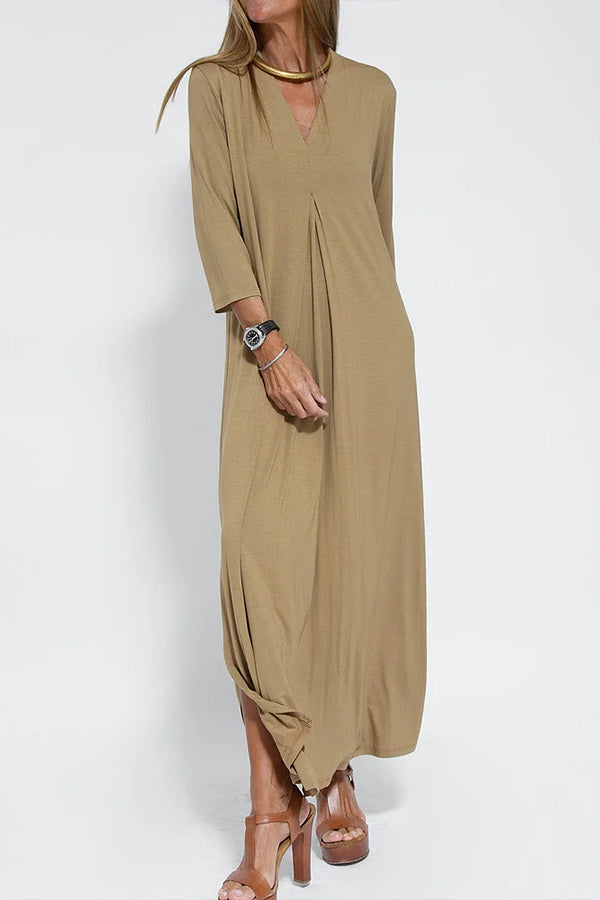 Vestido largo informal de color liso con cuello en V para mujer