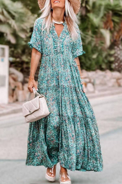 Vestido largo bohemio con cuello en V dividido y estampado paisley en azul cielo