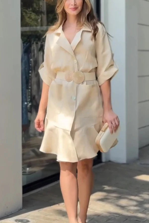Vestido mini holgado con volantes, bolsillo y solapa, informal, de color liso