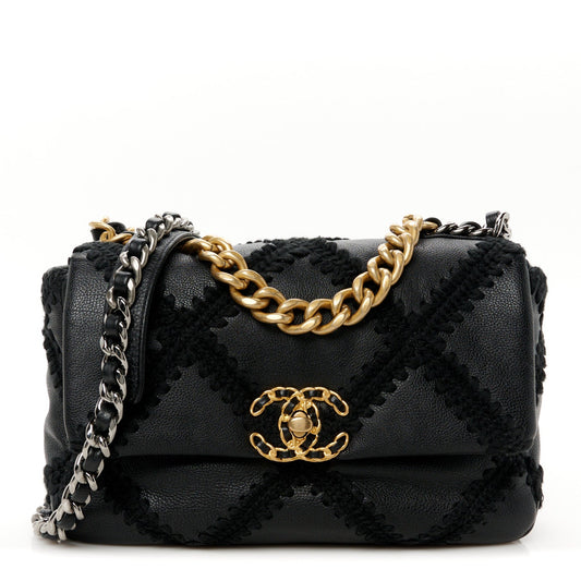 Calfskin Crochet Medium Chanel 19 Flap Black