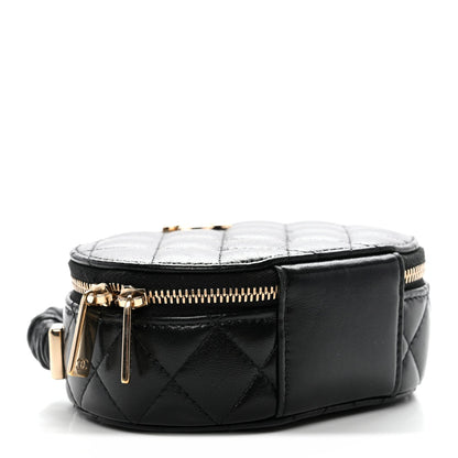 Lambskin Quilted Ruched Top Handle Vanity Case Black
