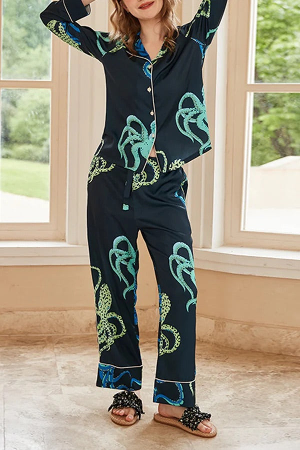 Conjunto de dos piezas de manga larga con estampado de pulpo negro