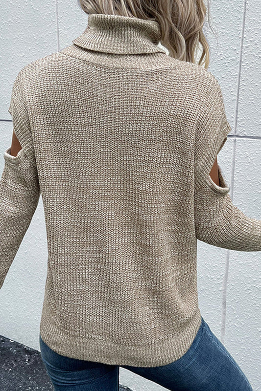 Suéter de cuello alto, manga larga, color liso, con hombros descubiertos y huecos