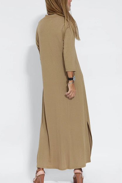 Vestido largo informal de color liso con cuello en V para mujer