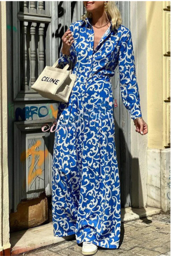 Vestido camisero largo de manga larga con bolsillo y botones de solapa y estampado étnico 