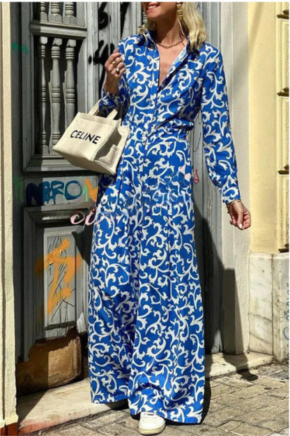 Vestido camisero largo de manga larga con bolsillo y botones de solapa y estampado étnico 