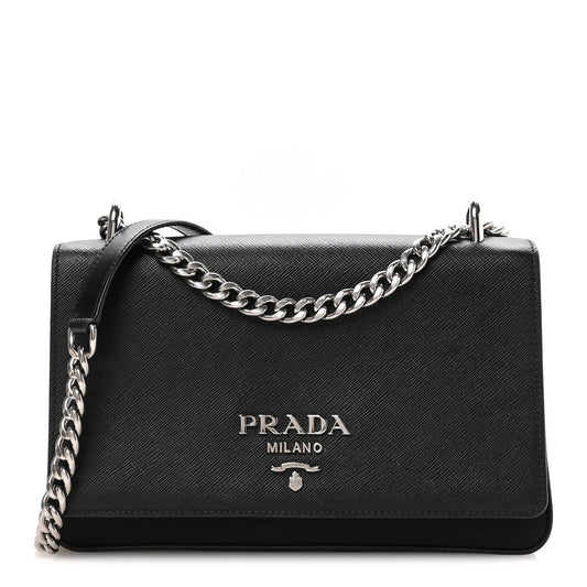 Saffiano Tessuto Nylon Chain Shoulder Bag Black