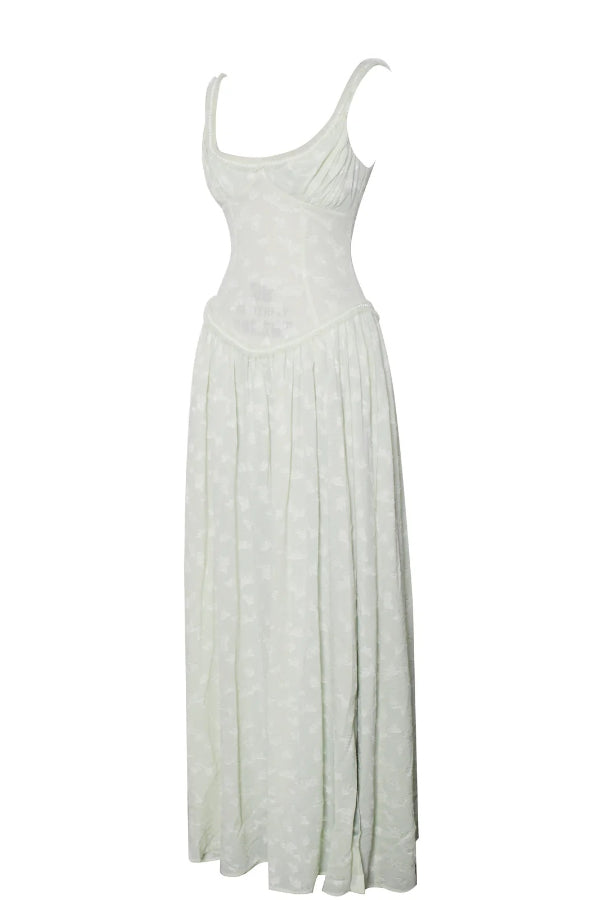 Vestido largo Ulissa verde claro con escote cuadrado, textura jacquard y abertura alta