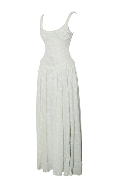 Vestido largo Ulissa verde claro con escote cuadrado, textura jacquard y abertura alta