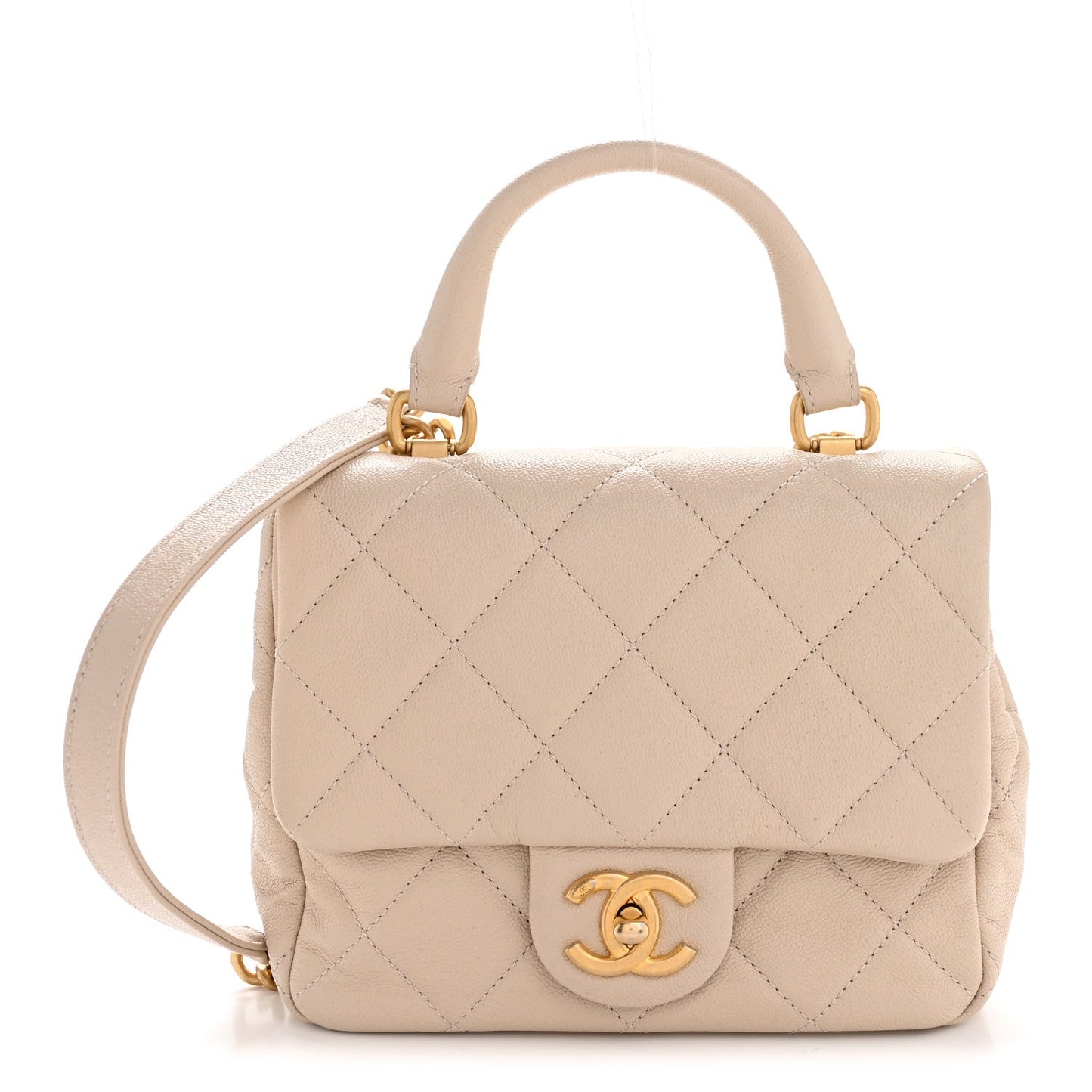 Shiny Caviar Quilted Mini Top Handle Flap Ecru