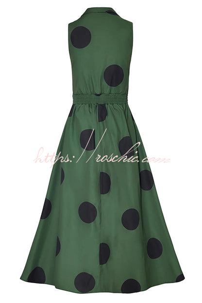 Polka Dot Print Shirt Pocketed Umbrella Maxi Dress