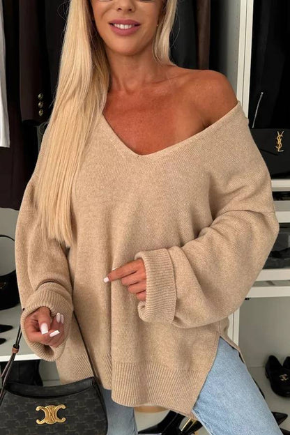 Suéter holgado irregular de manga larga con cuello en V y color liso para clima frío 
