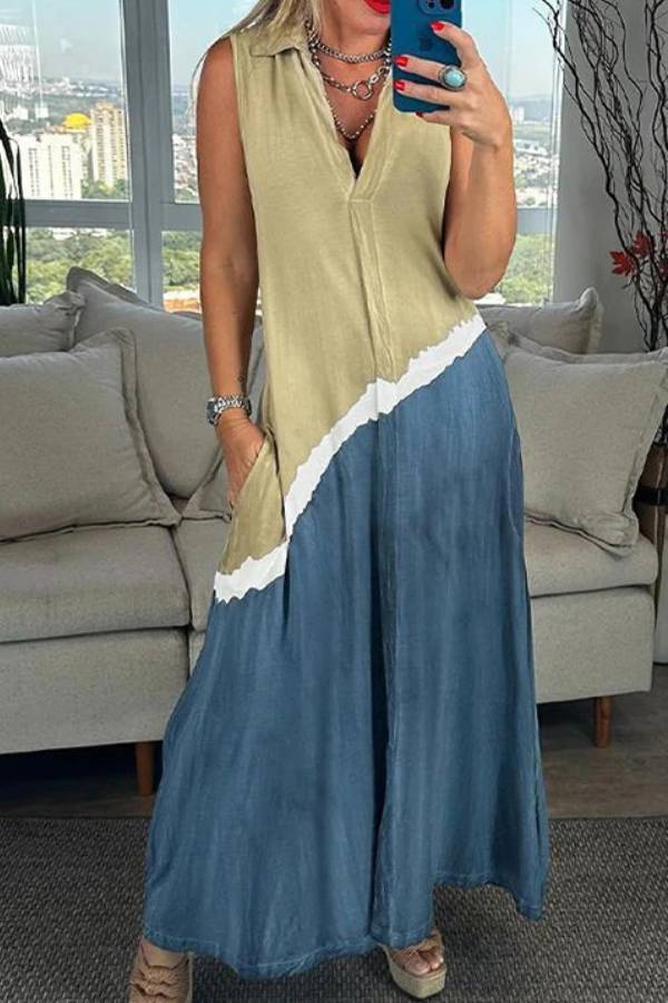 Vestido largo con cuello en V, sin mangas, estampado de bloques de color
