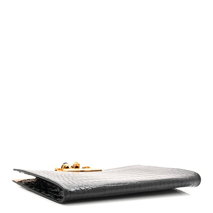 Calfskin Crocodile Embossed Knuckle Flat Clutch Black Gold