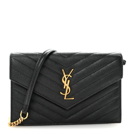 Grain De Poudre Matelasse Chevron Monogram Envelope Chain Wallet Black
