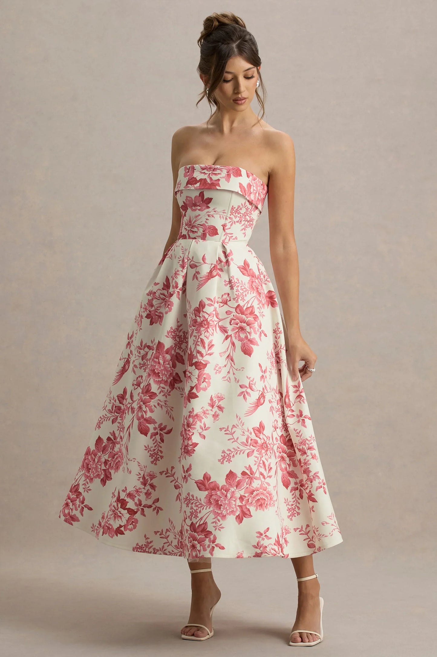 Annalise | Pink Porcelain Print Bandeau Skater Midi Dress