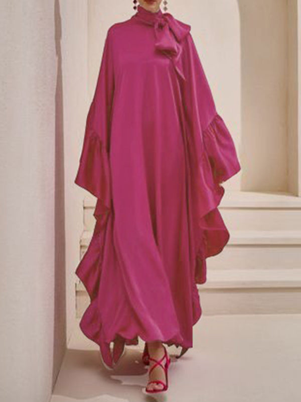 Batwing Sleeves Loose Hollow Pleated Solid Color Split-Joint High Neck Evening Dresses Maxi Dresses