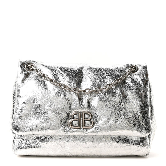 Metallized Arena Calfskin MIni Monaco Chain Shoulder Bag Silver