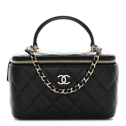 Lambskin Quilted Small Top Handle Vanity Case With Chain Black
