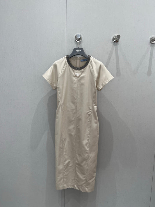 Prada 25 Short-sleeved Dress Beige Tencel Cotton 217659