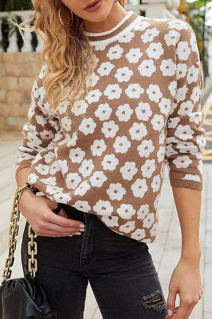 Suéter de punto con estampado floral y cuello alto, suéter ligero con bloques de color