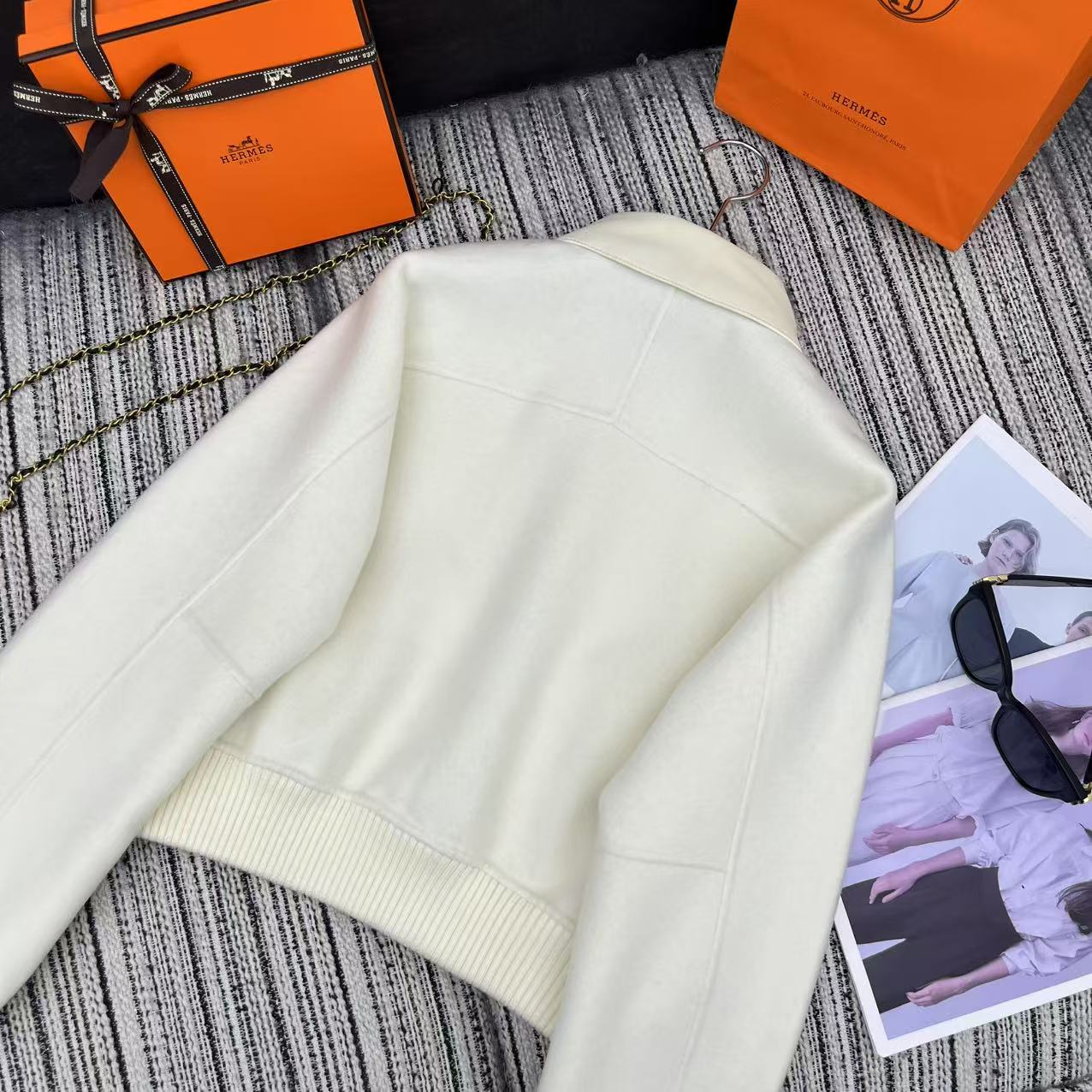 HM Patchwork Leather Lapel Double-faced White Cashmere Jacket
