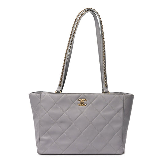Calfskin Quilted Book Pocket Shopping Tote Grey