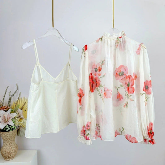 LONG-SLEEVE FLORAL PRINT CHIFFON TOP