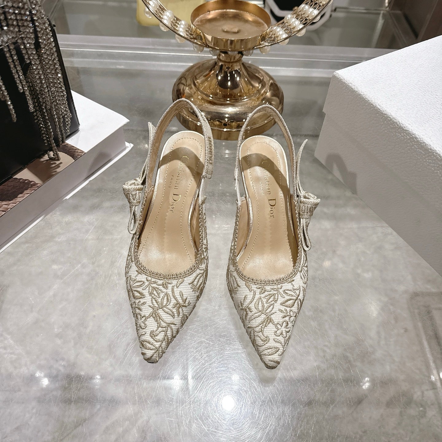 CC 26 Slingback Metallic Floral Embroidery 45mm Ivory Gold Tweed 592234