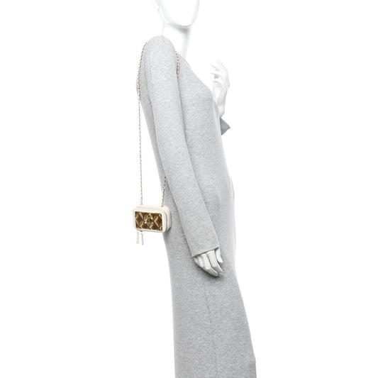 Lambskin Quilted Golden Plate Clutch With Chain White