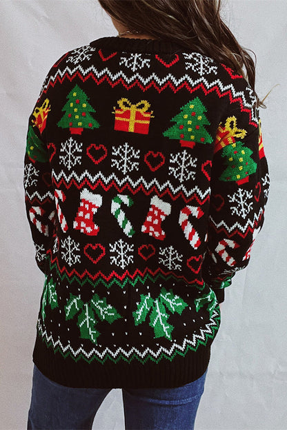 Suéter de punto de cuello redondo y manga larga con estampado navideño