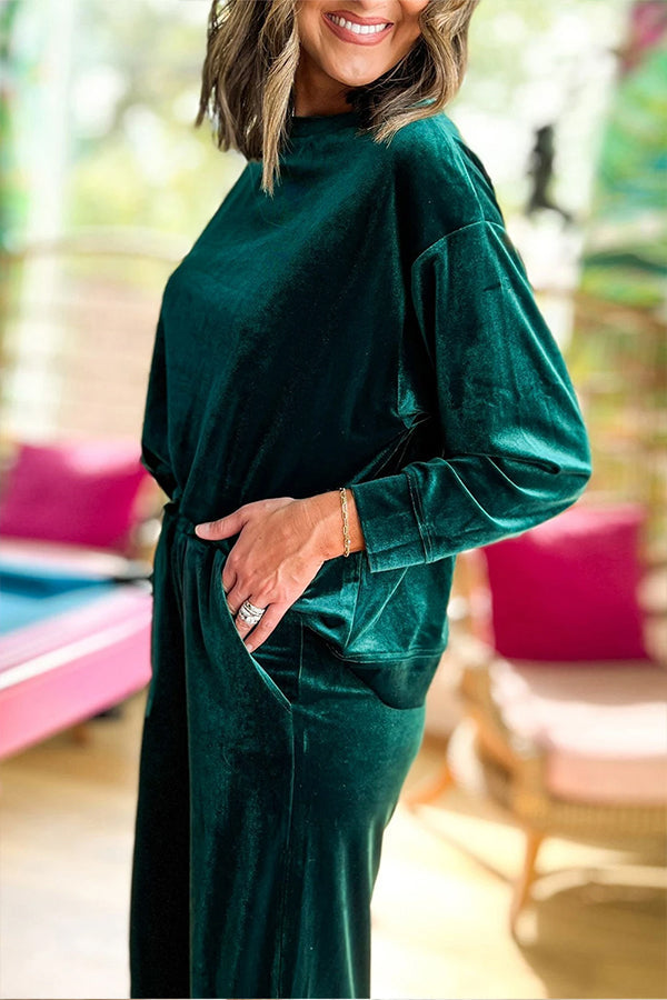 Conjunto de top de manga larga y pantalón ancho de terciopelo verde negruzco
