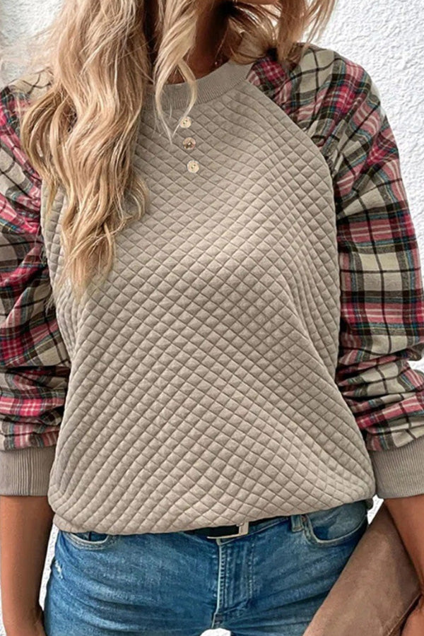 Sudadera informal de cuello redondo y manga larga con patchwork de cuadros de diamantes de moda