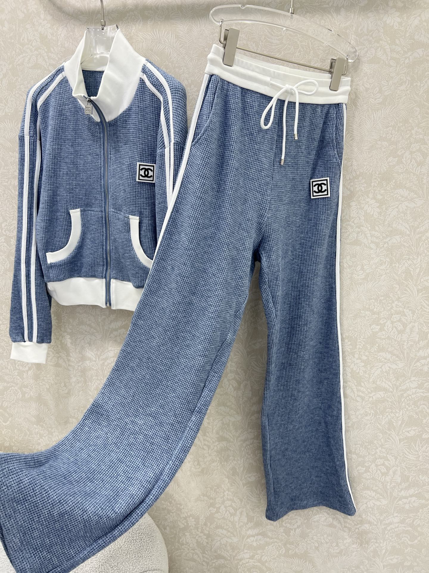 CC 25 Collar Jacket and Casual Trousers Waffle Suit Blue Rayon