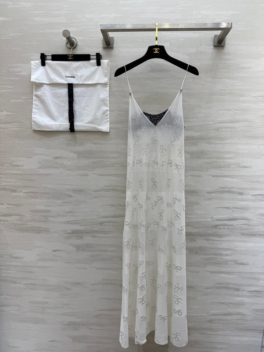 CC Rhinestone Bow Jacquard Embroidered Lace Dress White Cotton 346488