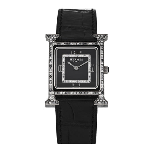 18K White Gold Alligator Diamond Grey Sapphire 26mm Heure H Hour Quartz Watch Noir
