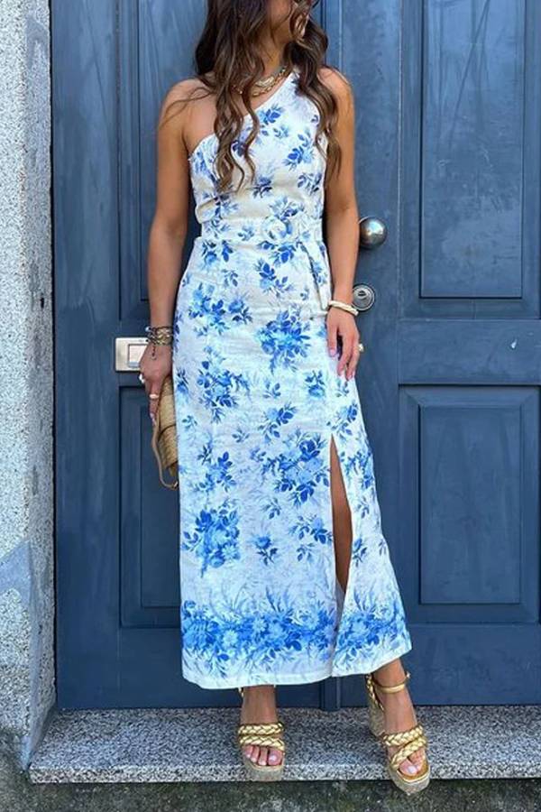 Elegante conjunto de dos piezas con estampado de abertura en el hombro para vacaciones