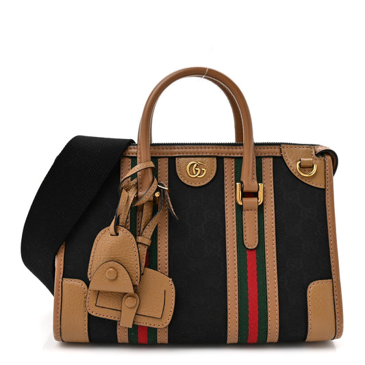 Monogram Textured Dollar Calfskin Web Small Bauletto Duffle Top Handle Bag Black Koi Beige