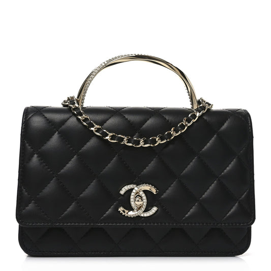 Lambskin Quilted Crystal Handle Wallet On Chain WOC Black