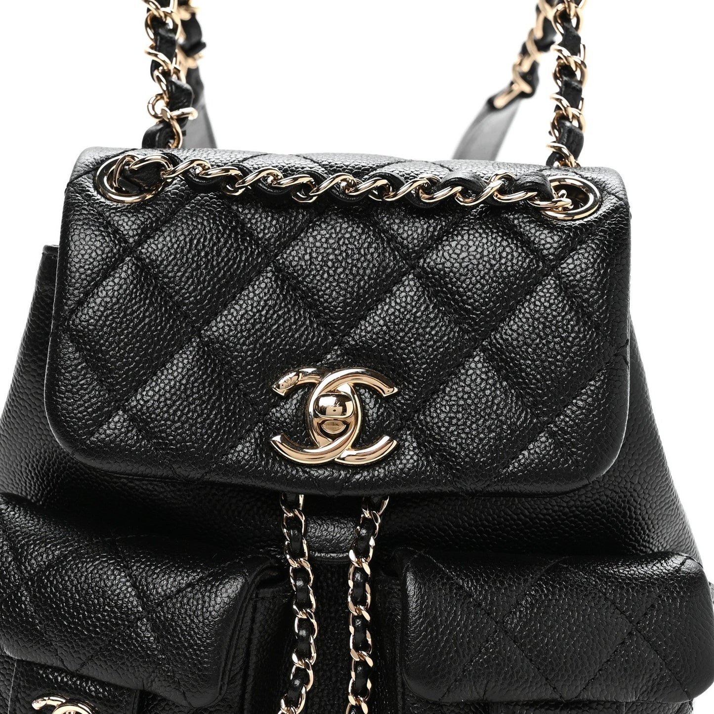 Shiny Caviar Quilted Small Duma Pockets Drawstring Backpack Black
