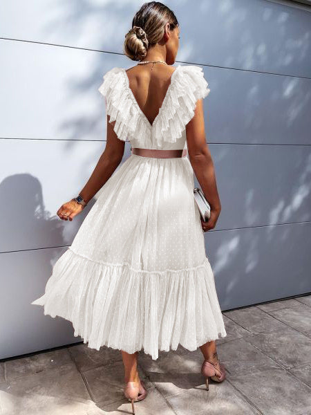 Lace Dresses White V-Neck Sleeveless Asymmetrical Ruffles Lace Up Casual Maxi Dresses